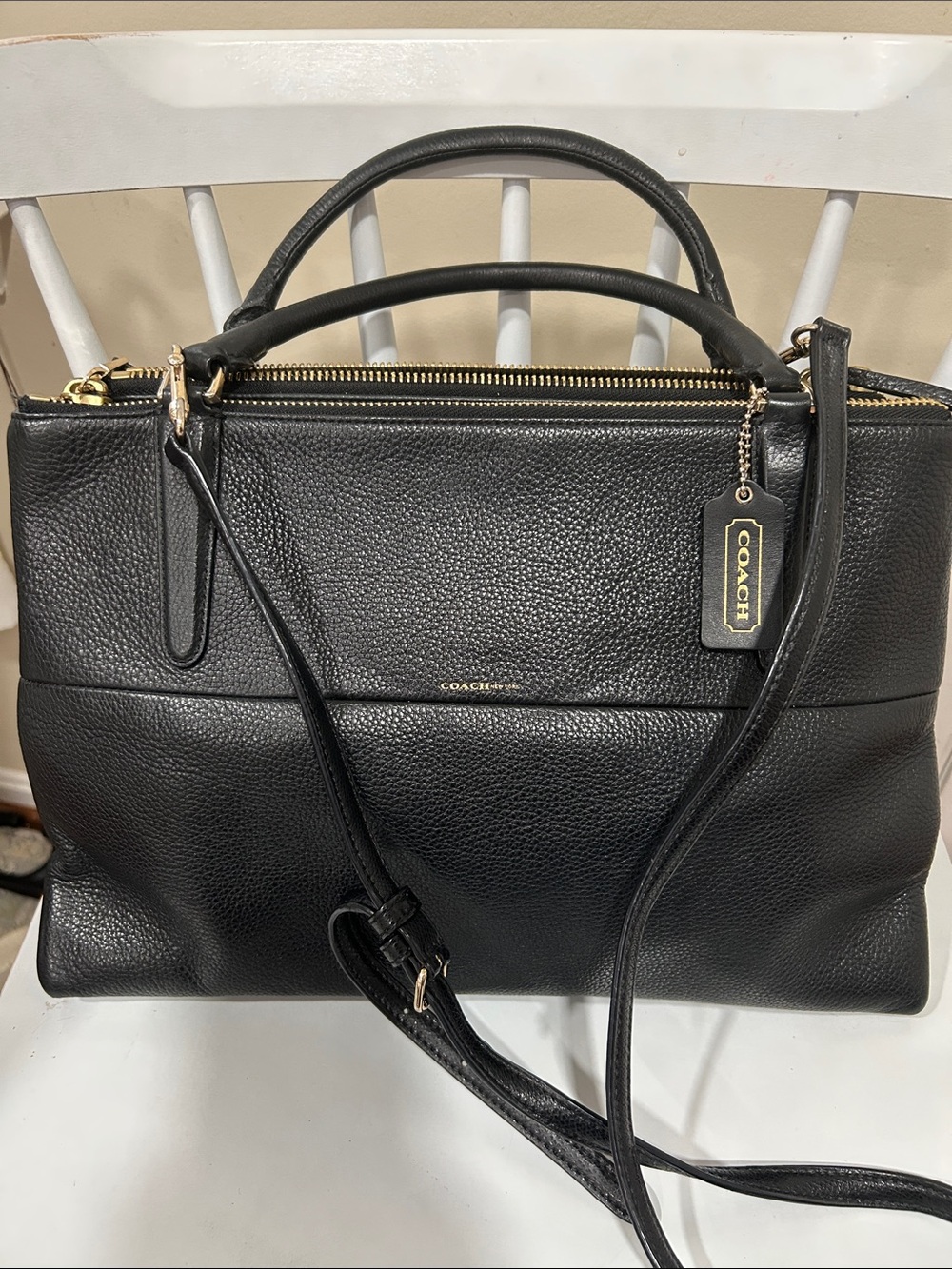 Coach Black Pebbled Leather Satchel with Gold Hardware and Detachable Strap
